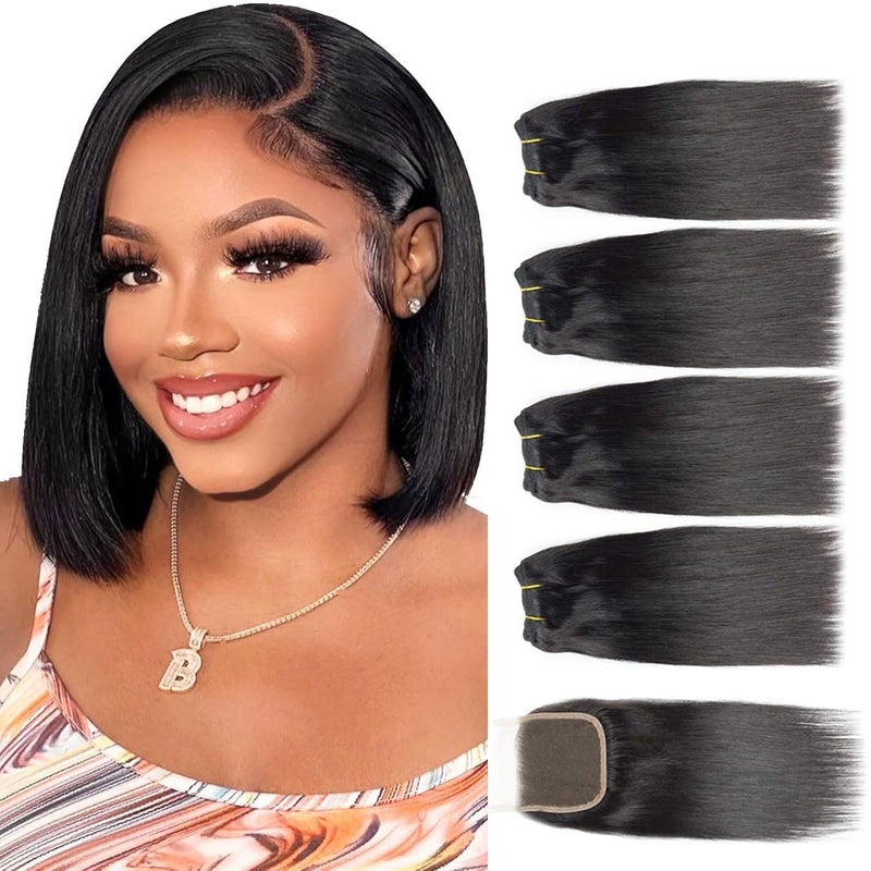 Selina Straight Human Hair Bundles With Closure 8 8 8 8+8 Inch 4x4 Lace Closure 100% Brazilian Virgin Human Hair 4 Bundles Wiht Closure Deals Hair Extensions Qucik Weave Bundles Natural Black - Image 1